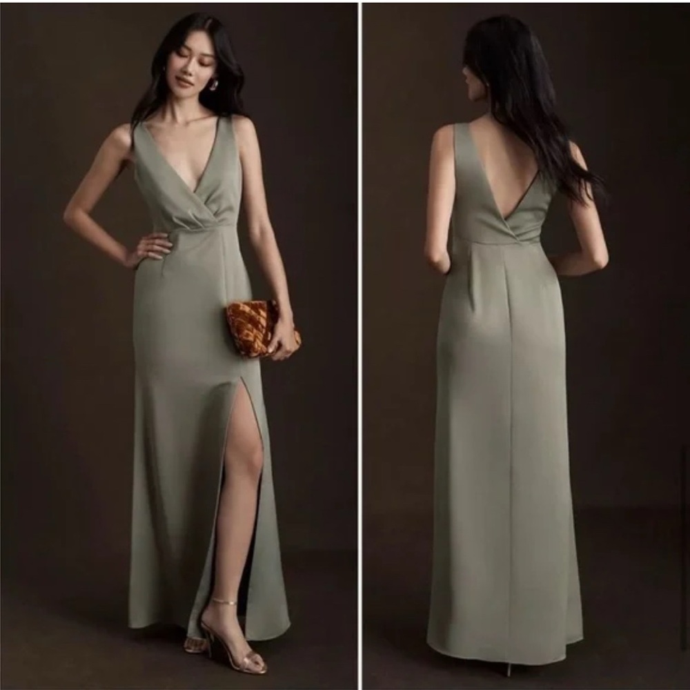 BHLDN Piper V-Neck Side Slit Satin Gown Maxi Dress in Moss Green